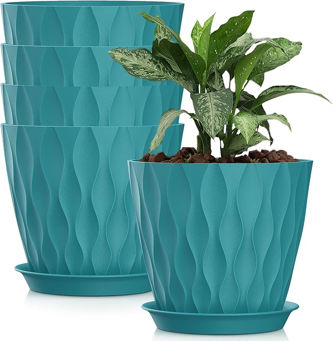 8 Inch Plastic Plant Pots,Set of 5 Flower Pots,Planters with Drainage Holes & Saucers, Indoor Outdoor Garden Pots for Home Decor(Blue-Green)