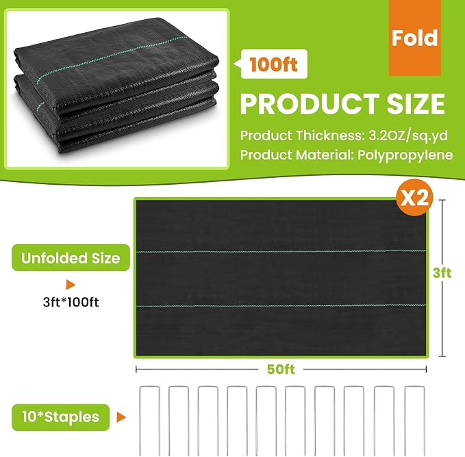 3x100FT Weed Barrier Landscape Fabric Heavy Duty(2 Pack 3x50FT), 3.2oz Garden Weed Block Ground Cover Mat, Garden Cloth Woven Geotextile Fabric for Landscaping,French Drains,Driveway,Gravel,Greenhouse