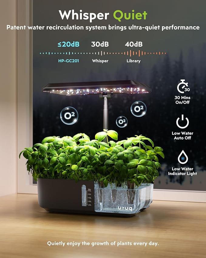 URUQ Indoor Hydroponics Growing System Kit 12 Pods Gardening System Herb Garden Custom Time with LED Grow Light Height Adjustable Quiet Plants Germination Kit - Gardening Gifts for Women Men Black