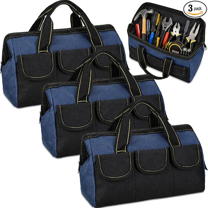 Sanwuta 3 Pack Tool Bag for Men with Waterproof Hard Bottom, Heavy Duty Tool Bag Wide Mouth Tote for Various Instrument, Electrician Carpenter Mechanic(Blue,16 Inch,Classic)