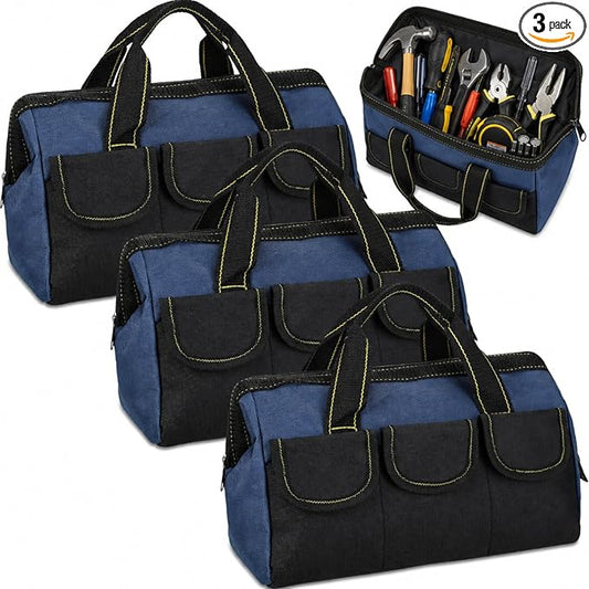 Sanwuta 3 Pack Tool Bag for Men with Waterproof Hard Bottom, Heavy Duty Tool Bag Wide Mouth Tote for Various Instrument, Electrician Carpenter Mechanic(Blue,16 Inch,Classic)
