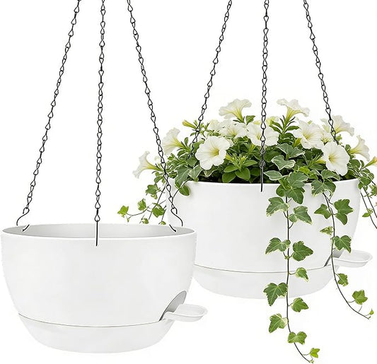 2 Pack 10 Inch Self Watering Hanging Planters for Indoor Plants, Large White Plastic Hanging Pots with Chains for Outdoor Patio Garden Home Decor (White)