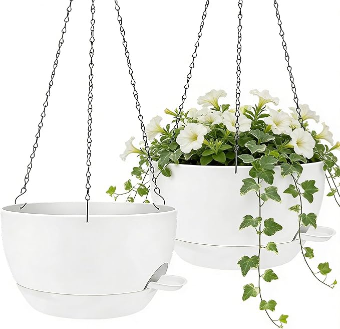 2 Pack 12" Self Watering Hanging Planters, White with Chains | Plastic hanging baskets with 43 Oz removable reservoir, for indoor outdoor plants, patio porch garden balcony decor
