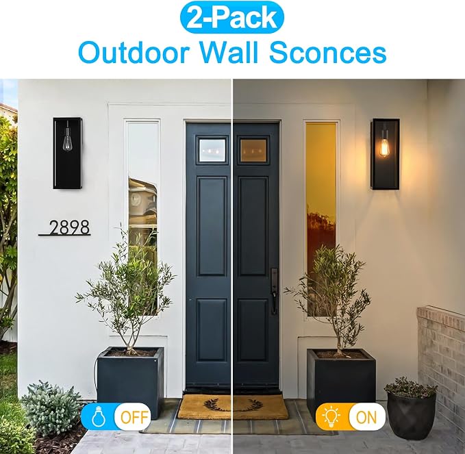 VerRon 2-Pack Outdoor Wall Lanterns, 16” Exterior Waterproof Outdoor Lights with Glass Shades, Black Porch Lights Wall Mounted, Anti-Rust E26 Modern Lighting for Patio Garage Entryway Front Door