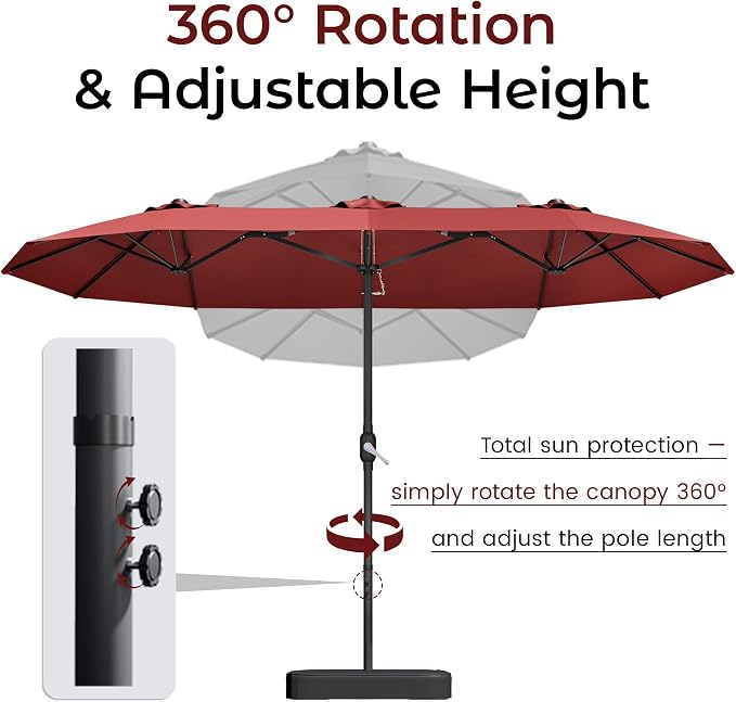 DomeShade 15ft Red Patio Umbrella with Base Included,Rectangle Double Extra Large Table Umbrella Outdoor Giant Umbrella for Porch Pool Lawn Deck,Market,Backyard Outside,Burgundy Red