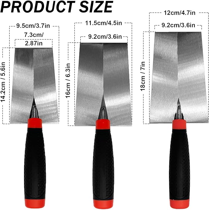 Bucket Trowel 3pcs/Set, Trowel Masonry Hand Tool Set, Carbon Steel Flat Bucket Brick Trowel Tool with Soft Grip Handle Concrete Tool (Black-C Set)