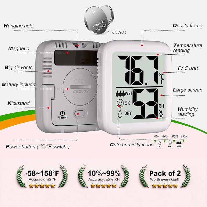 Antonki 2 Pack Room Thermometer for Home, Hygrometer Indoor Humidity Meter Gauge, Digital Temperature and Humidity Monitor Sensor for House, Terrarium, Incubator, Greenhouse - Battery Included