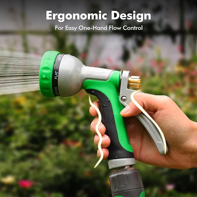 RESTMO Heavy Duty Metal Garden Hose Nozzle, Water Hose Nozzle with 7 Adjustable Spray Patterns, High Pressure Hose Sprayer with with Flow Control, for Plants & Lawns, Washing Cars & Pets, Green