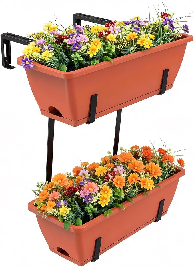 Railing Planter Box, 2 Pack Deck Hanging Planters for Railings, 16.9 Inch Balcony Planters Railing Hanging with Metal Brackets, Black & Red
