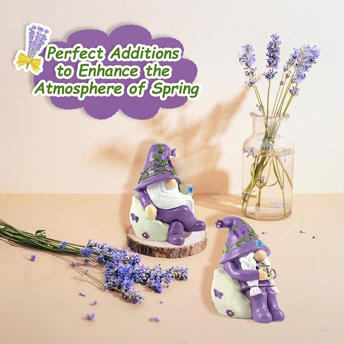 Lavender Gnome Garden Figurines 2 PCS Resin Summer Decorations Indoor Collectible Ornaments Outdoor Yard Decor for Table, Home, Shelf