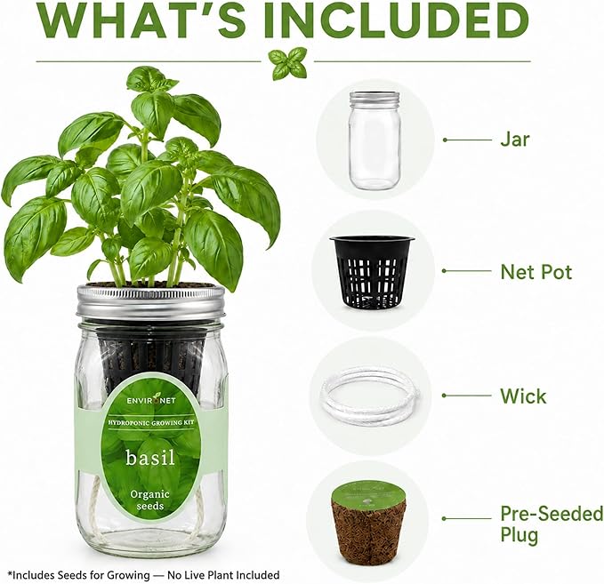 Hydroponic Growing Kit, Self-Watering Mason Jar Herb Garden Starter Kit Indoor, Windowsill Herb Garden, Grow Your Own Herbs from Organic Seeds (Basil)