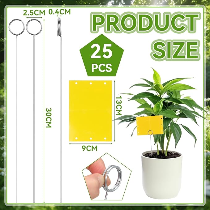 50 Pcs 12 Inch Dual-Sided Yellow Fruit Fly Traps Kit Includes 25 Sticky Cards and 25 Silver Long Wire Holders Effective Insect Gnat Trap Killer for Garden Plant Indoor Pest Control Fungus Gnats