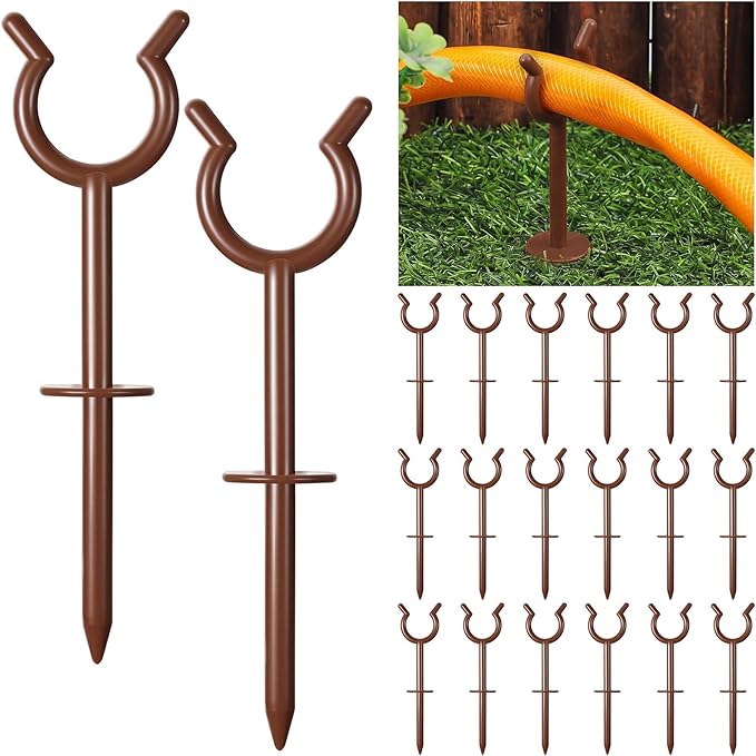 Taiyin 30 Pcs 3/4'' Garden Hose Holder Brackets Garden Guide Holder Decorative Outdoor Guide Stakes Support Spike Plant Tool to Keep off Lawn for Yard (Brown)