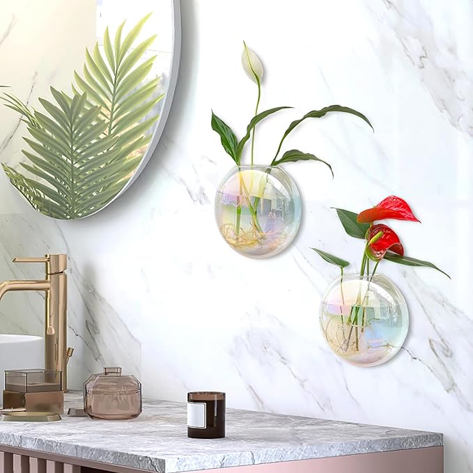 Kingbuy Wall Hanging Glass Planters Propagation Station - 2 Pack Iridescent Oblate Globe Flower Vases for Air Plants, Glass Terrariums with Floating Holders, Boho Indoor Hydroponic Home Office Decor