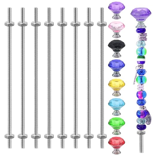 32 Pack 8/32 Stainless Steel Threaded Rods for Beads with Crystal Knobs, Include 8 Pcs M4 Fully Threaded Rod with 16 Pcs M4 Hex Nuts and 8 Pcs Mixed Color Crystal Knobs Set(10inch)