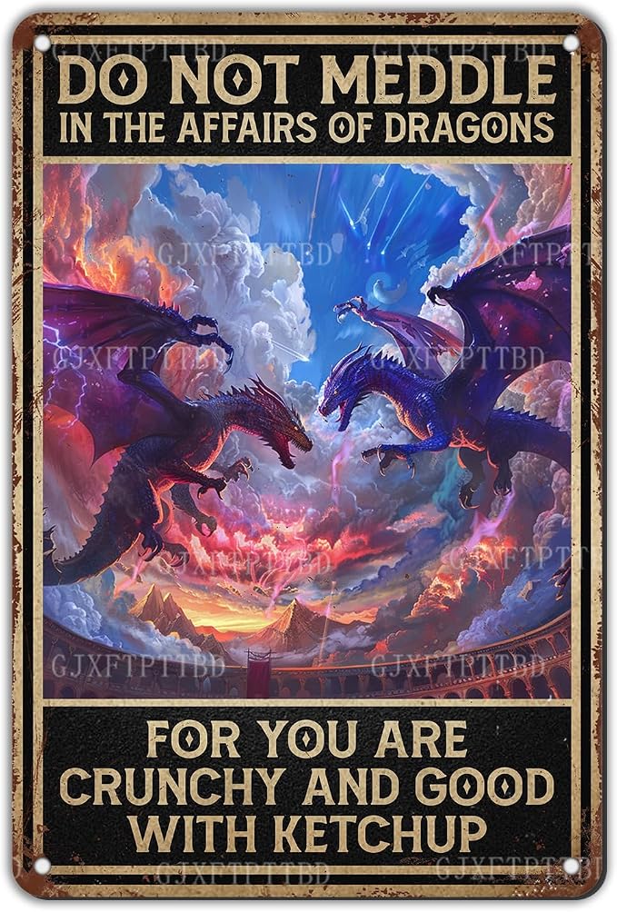 Funny Dragon Tin Sign - Do Not Meddle in The Affairs of Dragons Metal Sign, Humorous Wall Decor for Man Cave, Bar, Room, 12x8 Inch