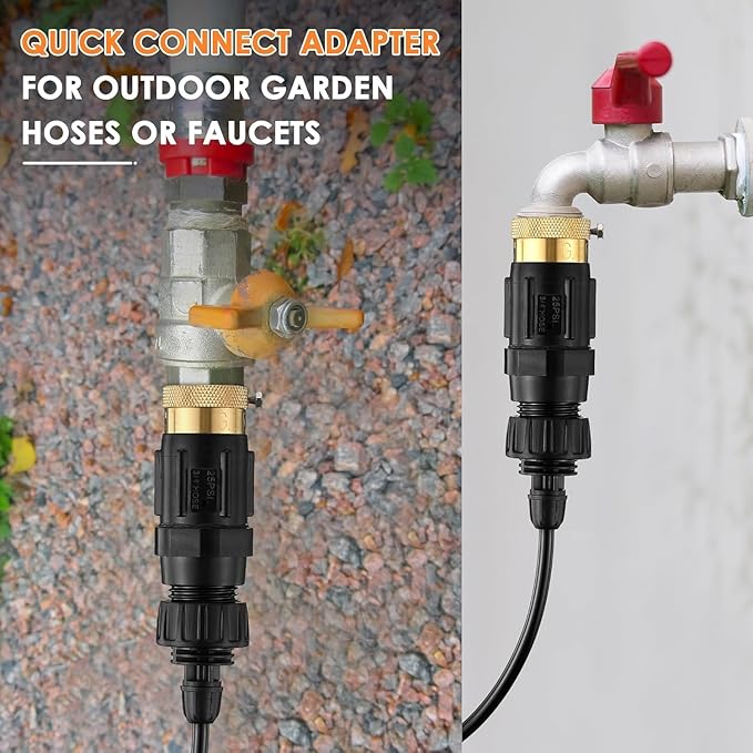 Drip Irrigation Faucet Adapter 25 PSI, 1/4" Tubing Quick Connect to 3/4" Garden Hose with Backflow Preventer, Filter, Tape, Pressure Regulator, Copper Drip Irrigation System Fittings (8 Pack)