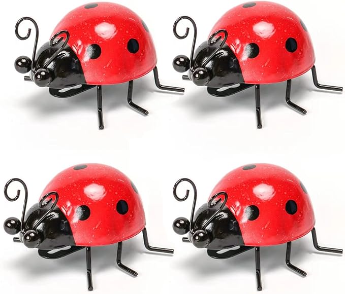 Cruis Cuka Metal Garden Decor for Outside Cute Ladybugs Yard Art Lawn Ornaments Wall Sculptures & Statues Outdoor Fence Decorations for Patio - Set of 4