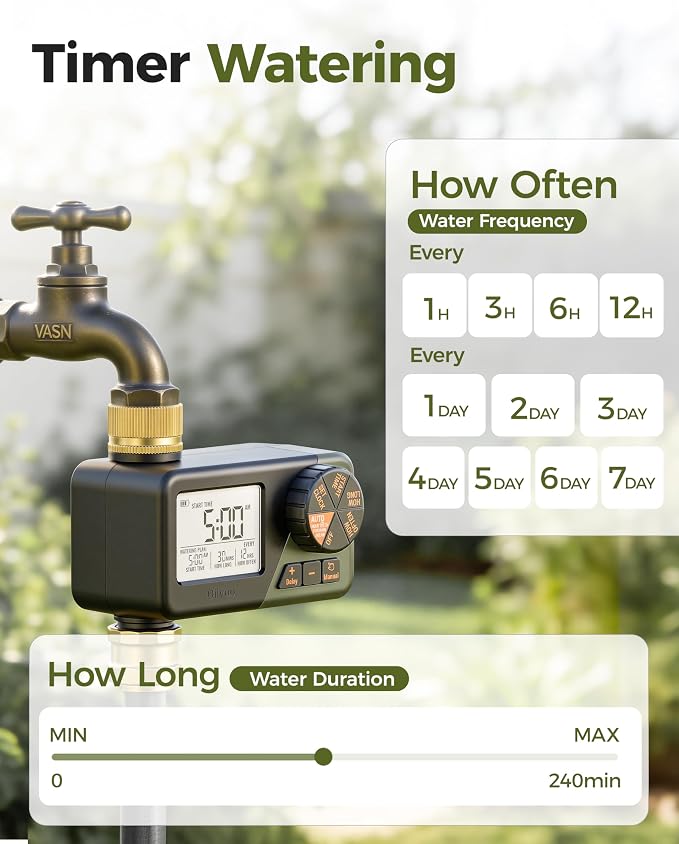 Diivoo Brass Sprinkler Timer, IP66 Waterproof Programmable Hose Timers for Watering with Large Display, Rain Delay & Manual Mode for Outdoor Automatic Irrigation of Garden, Lawn, Yard