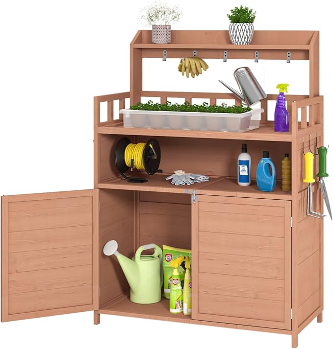 Outdoor Potting Bench with Storage,Wood Gardening Table for Planting,Outside Patio Garden Work Tables with Large Storage Cabinet & Top Shelf