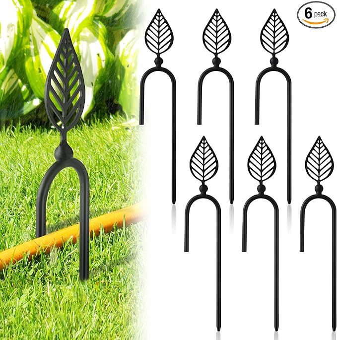 MorningRo 6 Pcs 8 Inch Garden Hose Guide Spike Metal Garden Stakes Holder Heavy Duty Metal Hose Guide for Plant Protection Lawn Yard(Leaf)