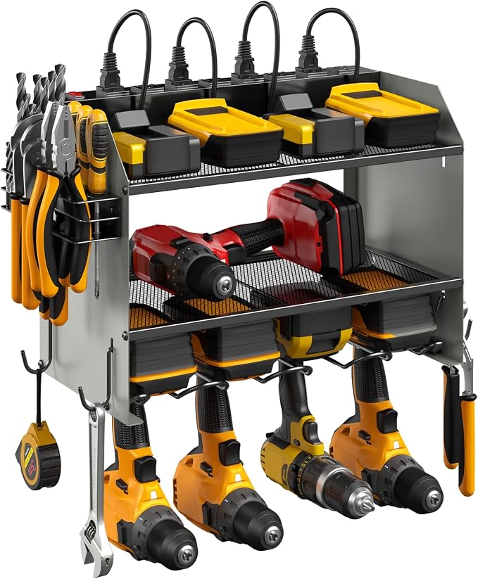 CCCEI Modular Power Tool Organizer Wall Mount with Charging Station. Garage Drill Storage Shelf with Hooks, Heavy Duty Rack, Tool Battery Holder Built in 8 Outlet. Gift for Men. Grey, 1 Pack.