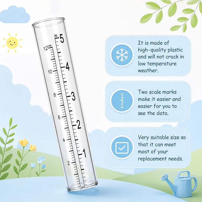 JJUNW 6PCS Rain Gauge Replacement Tubes, 5" Transparent Outdoor Rain Meter Tubes, Plastic Replacement Tube for Lawn Garden Yard Home