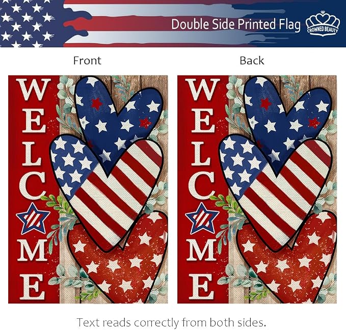 CROWNED BEAUTY 4th of July Patriotic Welcome Garden Flag 12x18 Inch Double Sided USA Flag Hearts Blue Red Memorial Day Independence Day Outside Yard Party Decoration