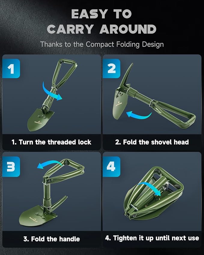DARTMOOR Folding Shovel, 18" Mini Camping Shovel with Saw Edge, Lightweight Outdoor Survival Shovel for Digging, Camping, Hiking, Garden, Backpacking, with Storage Bag, Green