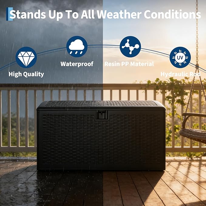 120 Gallons Outdoor Storage Box, Lockable Resin Deck Box for Outside Patio Furniture Cushion, Pool Supply, with Hydraulic Hinge, UV-Resistant and Weatherproof, Rattan Black