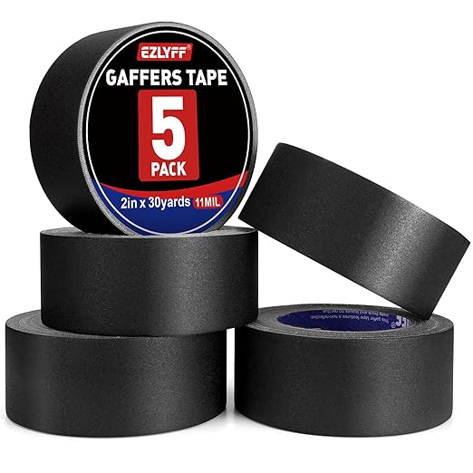Black Gaffers Tape 2 Inch x 30 Yards, 5 Pack 11 Mil Black Gaffing Tapes, Easy Tear, No Residue, Non-Reflective, Floor Tape for Electrical Cords, Stages, Studios, Photography.