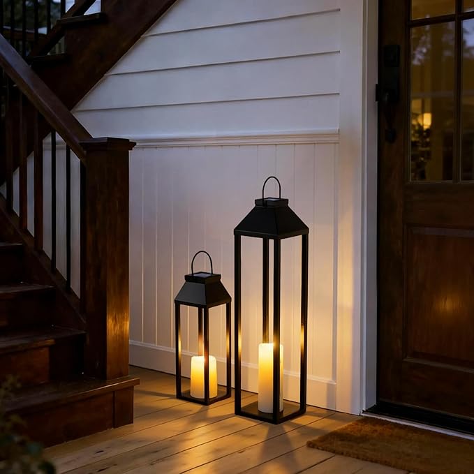 Large Outdoor Solar Lanterns Waterproof, Tall Farmhouse Black Metal Decorative Lanterns Solar Lights Outdoor for Front Porch Decor Outdoor Patio, Garden, Balcony, Porch, 27.6",16.3"-Set of 2