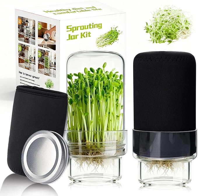 Sprouting Jar Kit, 2 Pack Wide Mouth Mason Jar Sprouting Kit with Sprout Lids, Blackout Sleeves, Drain Cover, Perfect for Home Gardeners, Health Enthusiasts & Vegan Diets