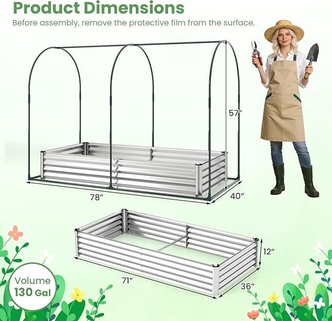 Giantex Galvanized Raised Garden Bed with Greenhouse Cover, 6x3x1 FT Outdoor Metal Oval Tall Planter Box with 2 Roll-up Windows, Clear PVC Mini Greenhouse for Vegetables Flowers Herbs Patio (Silver)