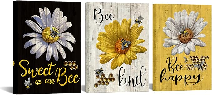 FuShvre Flower and Bee Canvas Wall Art Bee Happy Kitchen Picture Prints Black Yellow Wall Decor for Farmhouse Framed 12"x16"x3pcs