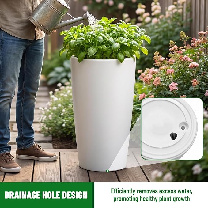 SnugNiture Set of 2 Round Tall Planters 22 Inch, Large Planter for Indoor Outdoor Plants, Modern Flower Pot Containers Large Decorative Tree Planter, White