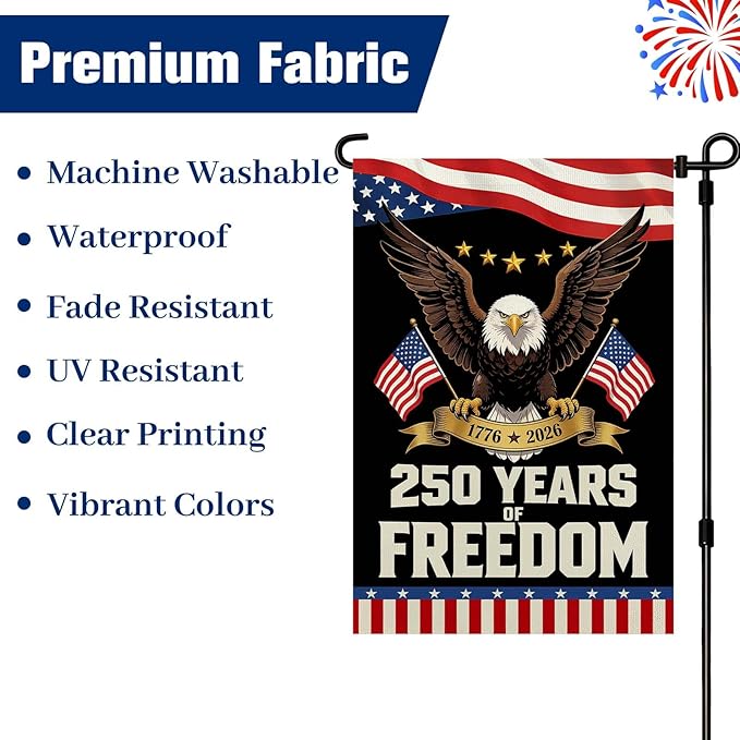 250 Anniversary USA Garden Flag, 12x18in Double Sided Waterproof Patriotic Eagle Flag 1776–2026, USA Outdoor Yard Decor
