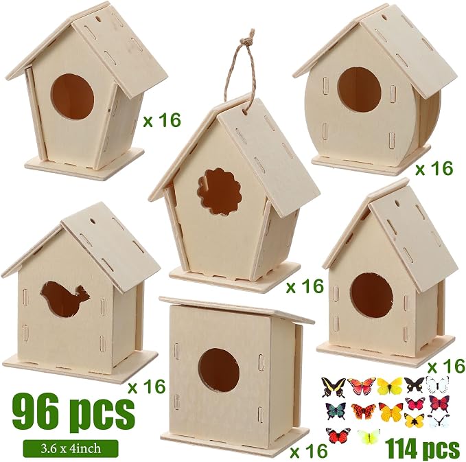 Kisston 210 Pcs DIY Birdhouse Kits for Kids Ages 5-8, 8-12, 96 Wooden Bird Houses Kit in 6 Shapes and 114 Stereoscopic Butterfly Sticker for Children Craft Class Activity Art DIY Project