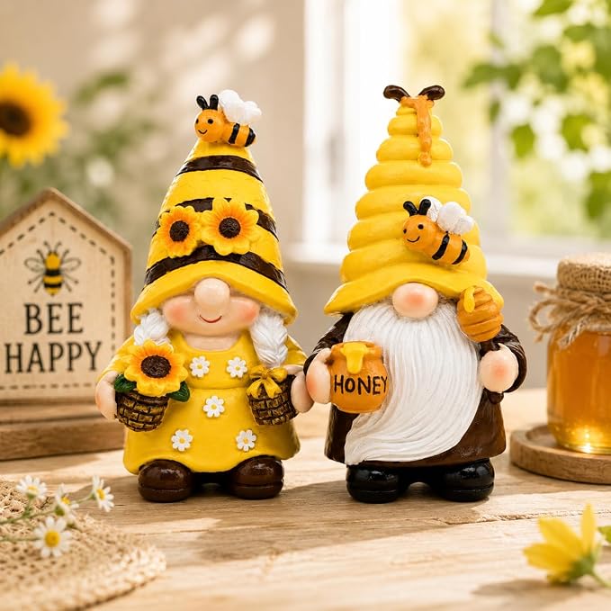 nuvagiki Bee Gnome Decor Set of 2, Honey Bee Gnome Figurines with Sunflower and Honey Pot, Rustic Farmhouse Bee Tiered Tray Decor for Spring Summer Kitchen Shelf Tabletop Decorations