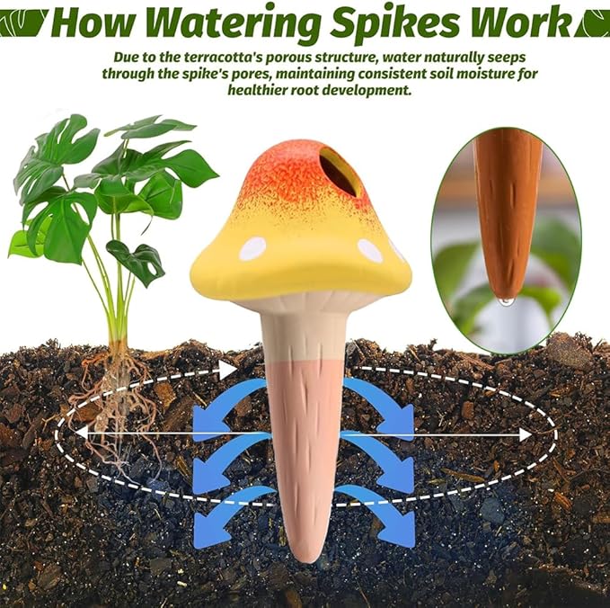 4 Pack Terracotta Watering Spikes, Vacation Self-Watering Planters Insert, Slow Release Watering Devices for Vacation Plant Watering,Mushroom Shape