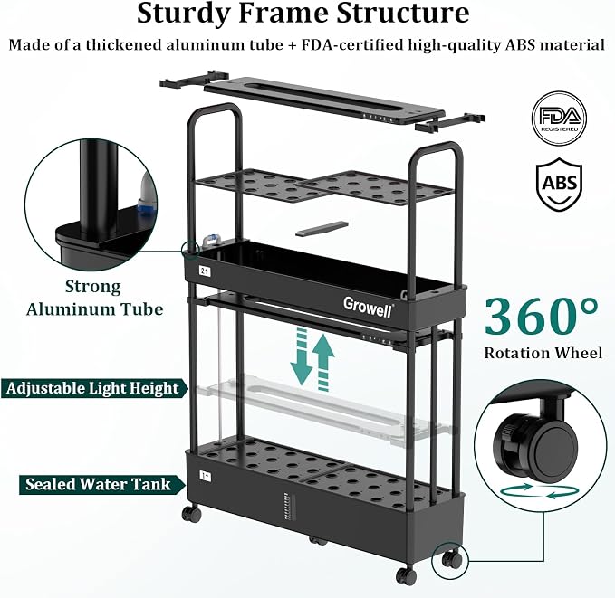 Growell 60-Pod Hydroponics Growing System, Large Vertical Hydroponic Garden with Smart Full-Spectrum Grow Lights, Auto Circulating Water, Mobile Indoor Gardening System for Herbs, Vegetables & Fruits