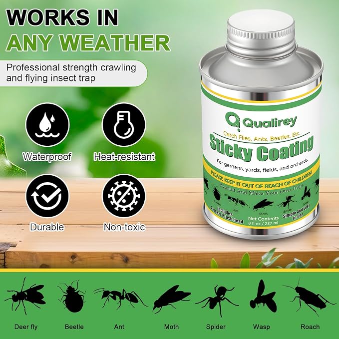 Qualirey 1 Pack Tangle Trap Sticky Coating with Brush, Insect Barrier Outdoor DIY Adhesive Traps Coating Lanternfly, Deerflies,for Gardens, Orchards and Around The Home to Protect Trees Plants (8 oz)