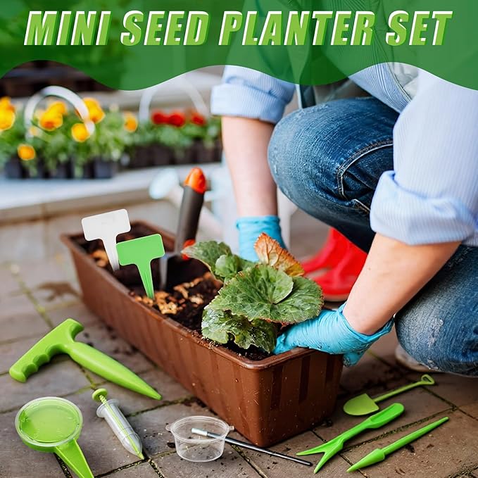 Lothee 19 Pcs Mini Seed Spreader Set Sowing Seed Dispenser with 5 Speeds Small Sowing Helper Tool for Seeds Hand Held Seedlings Dibber and Widger Set for Farm Lawn Garden Yard