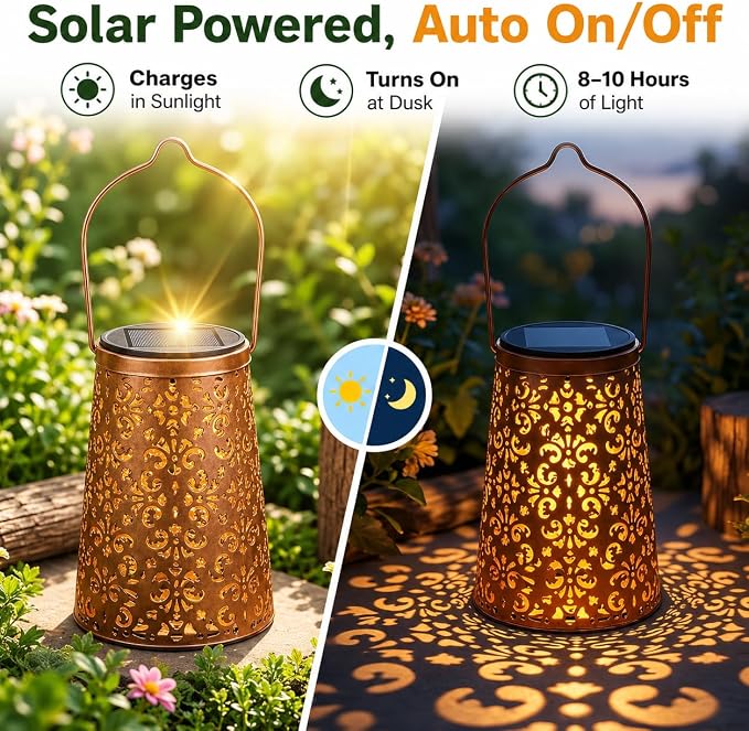 LeiDrail 2 Pack Hummingbird & Flower Solar Lanterns Outdoor, Hanging Waterproof Vintage Metal Lantern, Auto On/Off Garden Patio Yard Porch Pathway Decor, Gifts for Women Mom Grandma