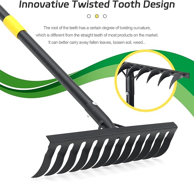 Bow Rake, 78" Heavy Duty Garden Tools Lawn Leveling Rake with Long Handle, 12 Tines Garden Tools Metal Head for Loosening Soil, Cleaning the Leaves and Weeding Control, Leaf, Thatch, Landscape Tools