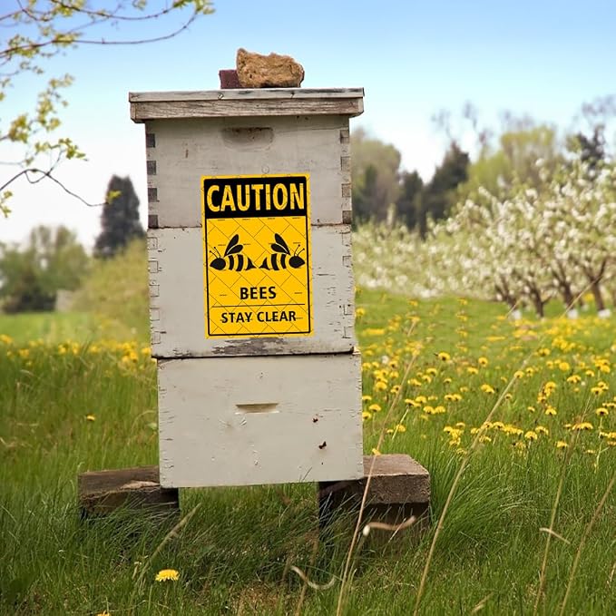 EMOHAT Caution Bees Stay Clear Metal Tin Sign, Aluminum Warning Sign, 16x12 Inch Bee Wall Decor for Garden & Yard, Rustic Farmhouse Outdoor Indoor Decor