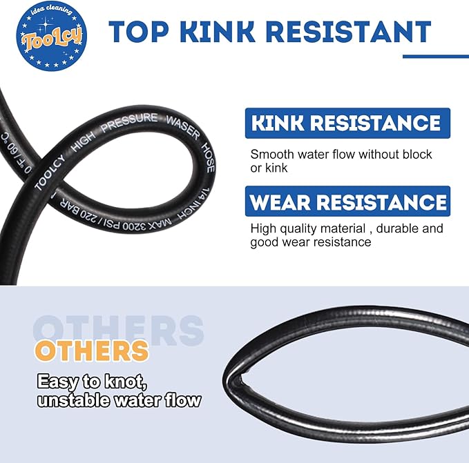 TOOLCY Pressure Washer Hose 50 ft,1/4" Kink Resistant Power Washer Hose M22 Replacement for Ryobi, Troy Bilt, Greenworks, CRAFTSMAN High Pressure Washers, 3300 PSI
