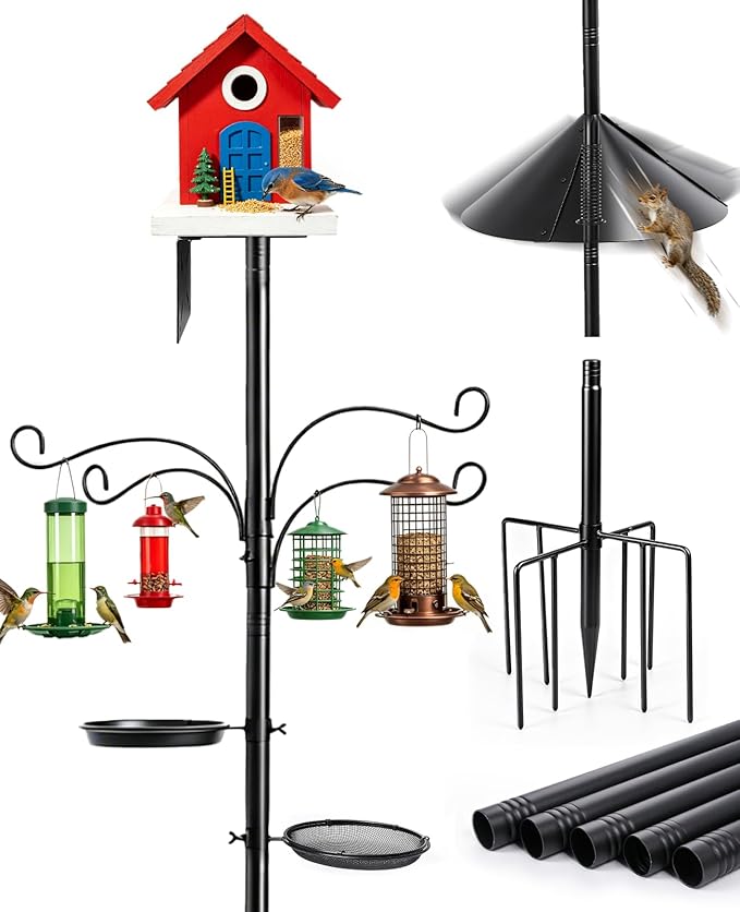 Bird Feeder Pole-92 Inch Heavy Duty Birdhouse Stand with Squirrel Proof Baffle for Outdoor, Adjustable Bird Feeding Station with Multi Shepherds Hooks Mental Trays (Black 9-Claw Base)