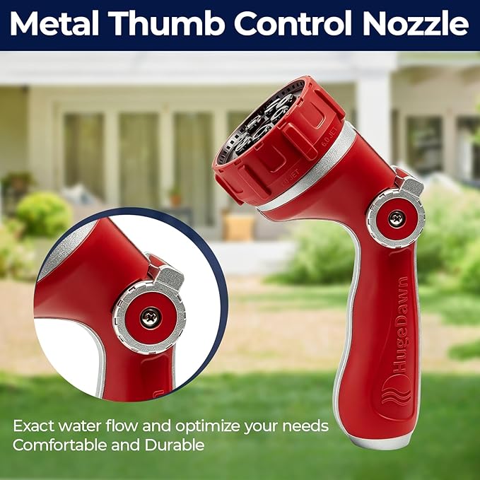 HugeDawn Garden Hose Nozzle with 7 Spray Patterns, Heavy Duty Metal Sprayer 30% Greater Water Flow for Watering, Car Wash, Outdoor Cleaning (Red)