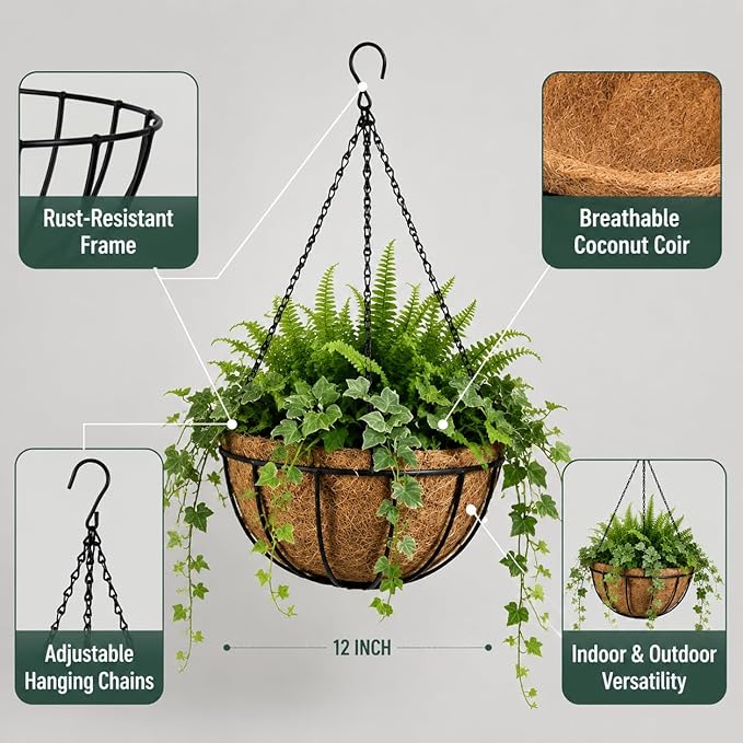 Kingbuy 8" Metal Hanging Basket for Small Succulents & Herbs – 5" Depth Rust-Resistant Wire with Coconut Liner & Chain for Kitchen Window, Balcony & Small Spaces - 1 Pack
